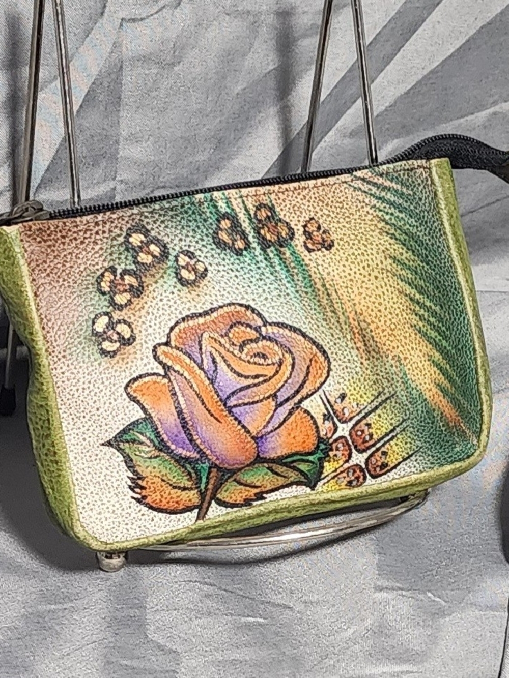 Anuschka Leather Hand Painted Rose & Cheetah Print Coin Purse Wallet